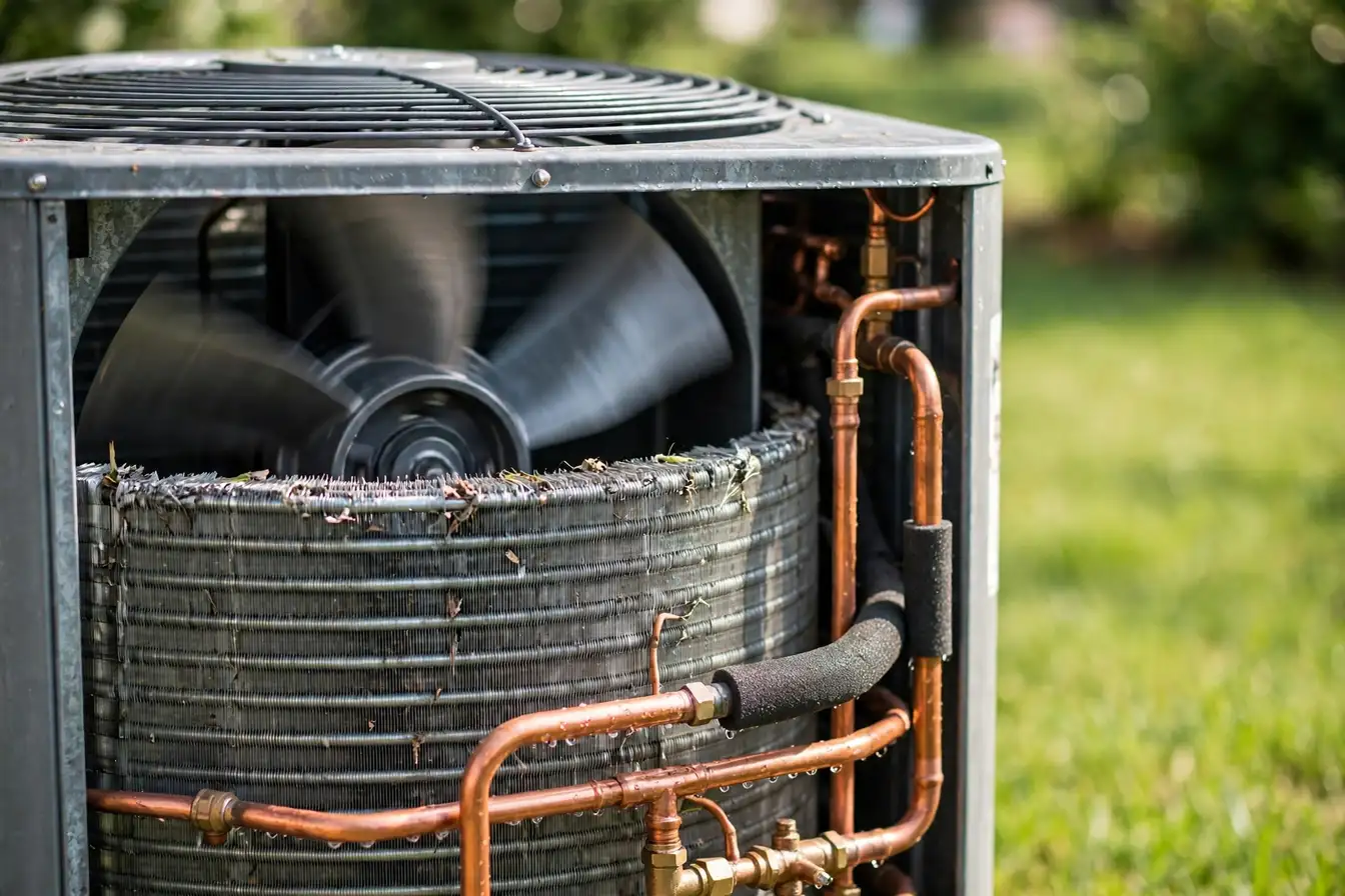 An outdoor air conditioning condenser unit in close view