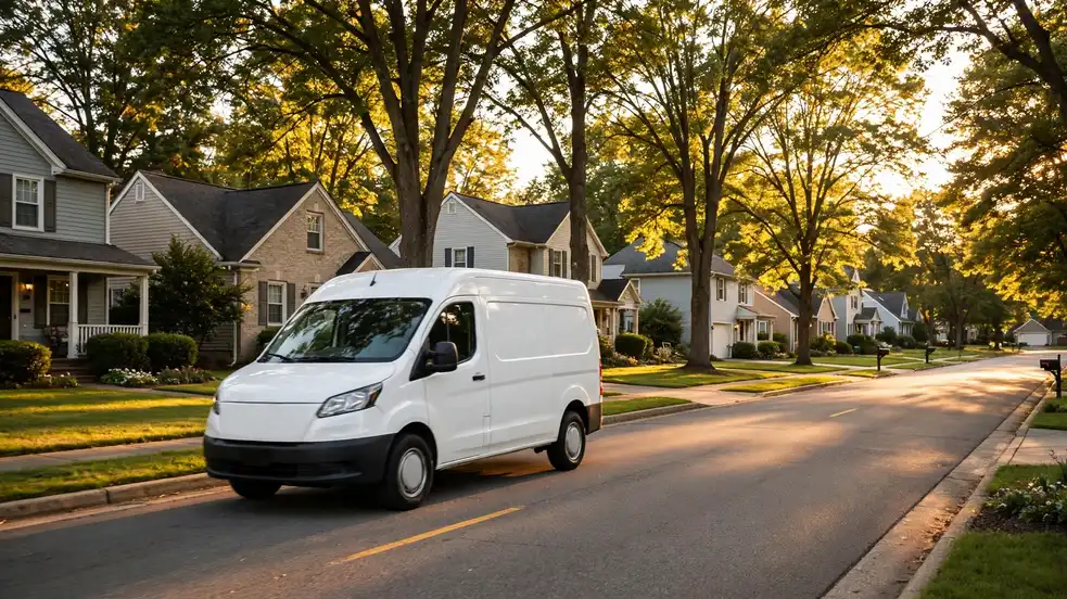 A local HVAC service van on a residential street