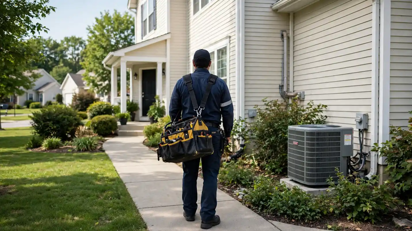 An HVAC technician working on a system inside a home